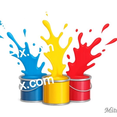 Bright paint splash coming out of open buckets on a transparent background